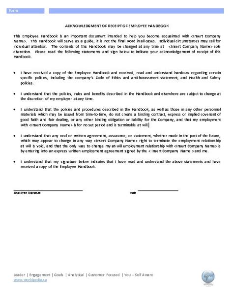 Employee Handbook Acknowledgement Form Template