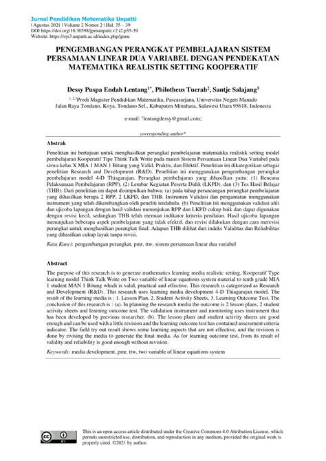 PDF PENGEMBANGAN PERANGKAT PEMBELAJARAN SISTEM PERSAMAAN LINEAR DUA