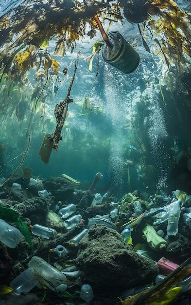 Plastic Waste Underwater With Sea Life Premium Ai Generated Image