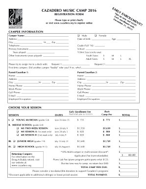 Fillable Online Cazadero Camper Registration Form Cazadero Music