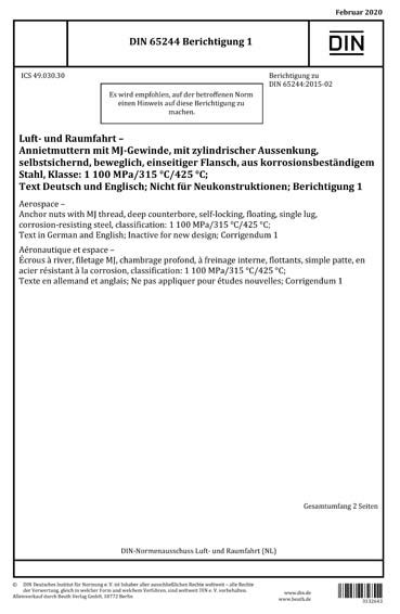 DIN 65244 Berichtigung 1 2020 DE Luft Und Raumfahrt Annietmuttern