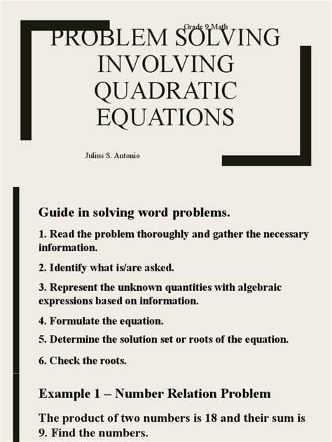 Problem Solving Involving Quadratic Equations Pdf Equations Quadratic Equation