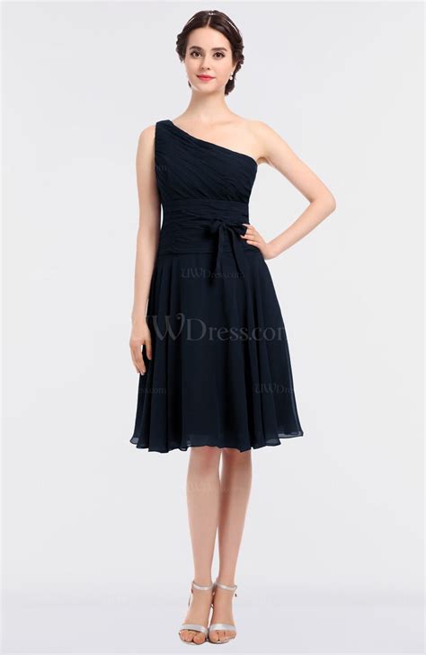 Navy Blue Mature A Line Asymmetric Neckline Zip Up Knee Length Bow