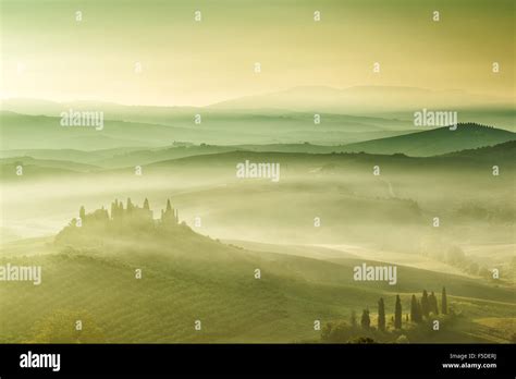 Mist At Podere Belvedere In Val D Orcia By Sunrise Tuscany Italy