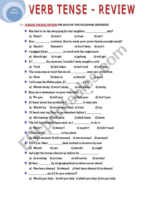 Verb Tense Review Esl Worksheet By Ascincoquinas