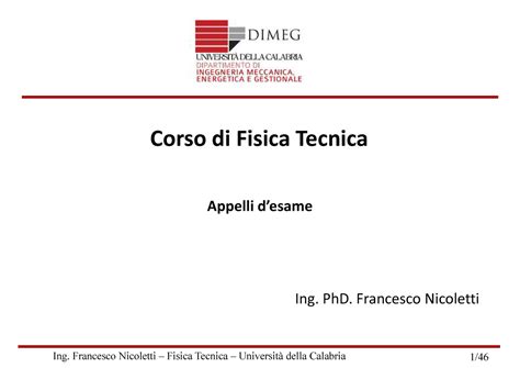 Appelli D Esame Ing PhD Francesco Nicoletti Corso Di Fisica Tecnica