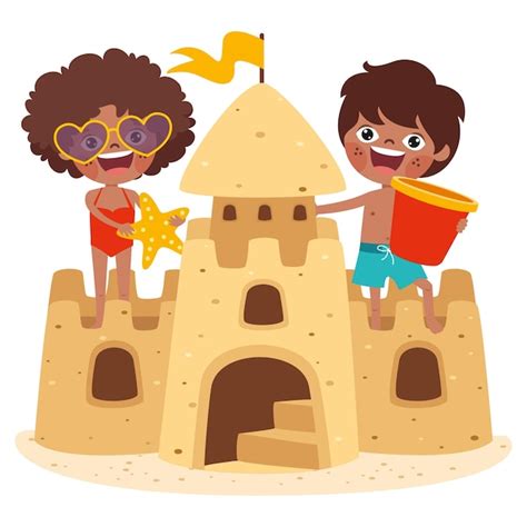 Niños jugando con castillo de arena Vector Premium