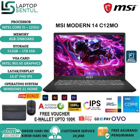 Jual Laptop MSI Modern 14 C12MO Intel I5 1235U RAM 8GB 512GB SSD IRIS