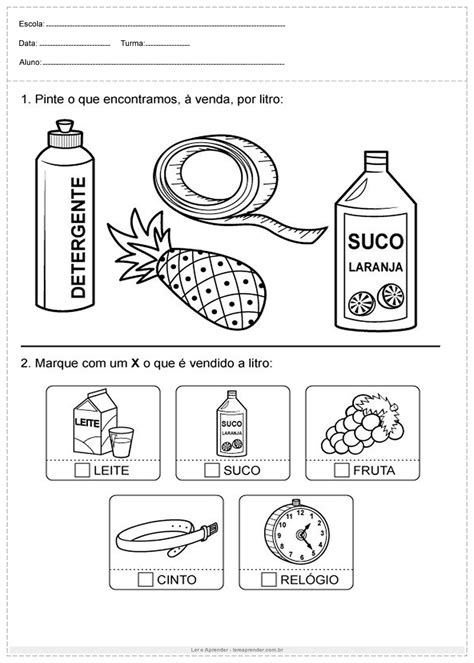 Atividades Medidas De Capacidade Pinte E Marque Ler E Aprender