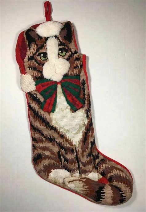 Needlepoint Kitty Cat Christmas Stocking Handmade Wool Fancy 3 D Kitten