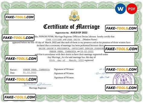 Cambodia Marriage Certificate Word And Pdf Template Fully Editable Fake Tools