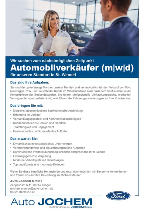 Stellenanzeige Automobilverkäufer Auto Jochem GmbH St Wendel