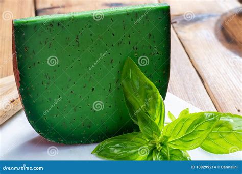 Cheese Collection Piece Of Dutch Green Pesto Hard Cheese With Fresh