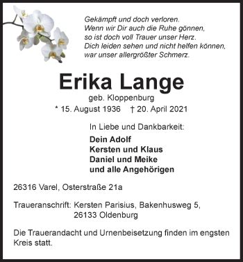 Traueranzeigen Von Erika Lange Nordwest Trauer De