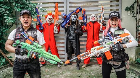 1 Hour Nerf War Couple Warriors Black Man Nerf Guns Fight Crime Red