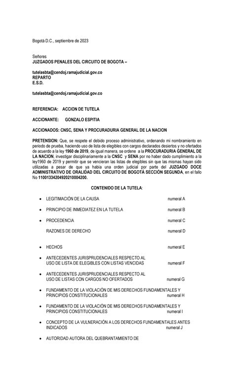 Tutela Gonzalo Bogotá D septiembre de 2023 Señores JUZGADOS PENALES