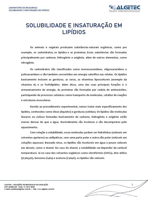 Solubilidade E Insaturação Em Lipídios - Solubilidade e Insaturação em Lipidios | PDF | Lipídio | Solubilidade