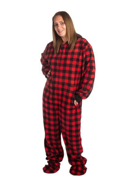 Big Feet Pajamas Adult Red And Black Buffalo Plaid Plush Hooded One Piece