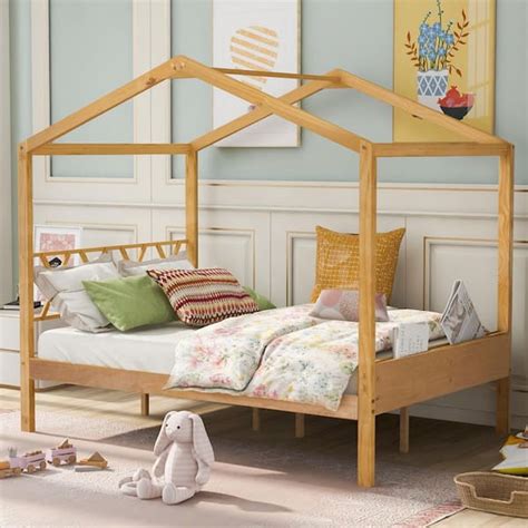 URTR Natural Full Size House Bed for Kids, Wooden Platform Bed Frame ...