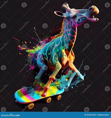 Colorful Giraffe On Skateboard AI Generative Stock Illustration