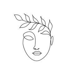 Abstract Minimal Line Drawing Beauty Woman Face With Leaves Buy This