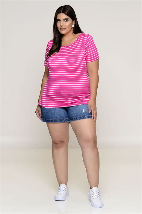 Blusa Plus Size Listrada Rosa Vk Moda Plus Size