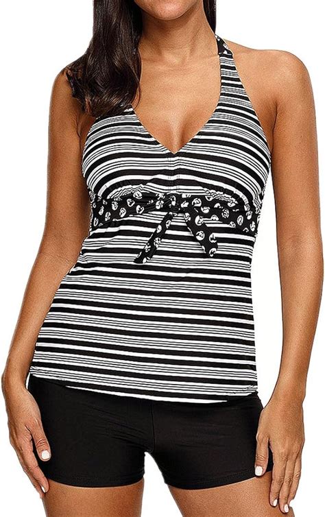 Addfect Neckholder Badeanzug Gestreift Damen Tankini Zweiteiler Strandmode Top V Ausschnitt Push