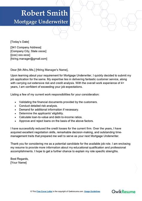 Mortgage Underwriter Cover Letter Examples Qwikresume