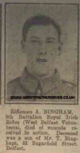 Rflmn Alfred Bingham British Army Th Battalion Royal Irish Rifles The