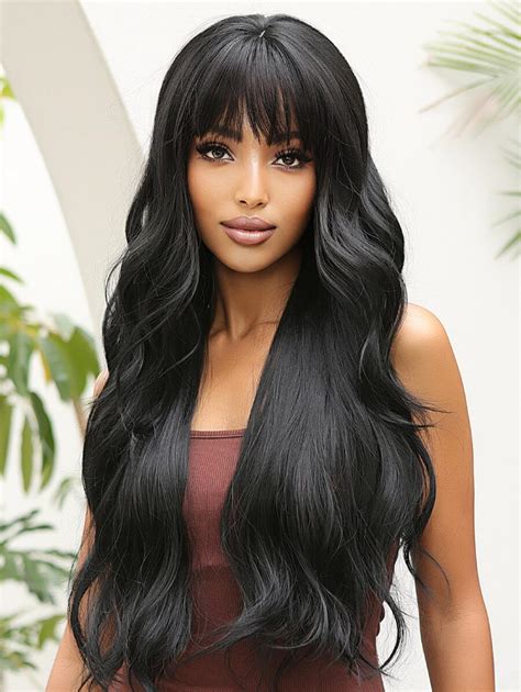 Natural Black Long Wavy Synthetic Wig With Bangs For Women Body Wave