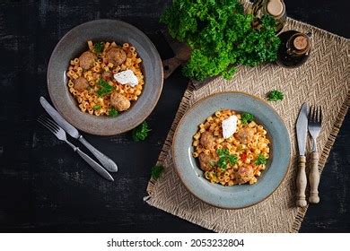 Italian Traditional Ditalini Pasta Meatballs Tomato Stock Photo ...