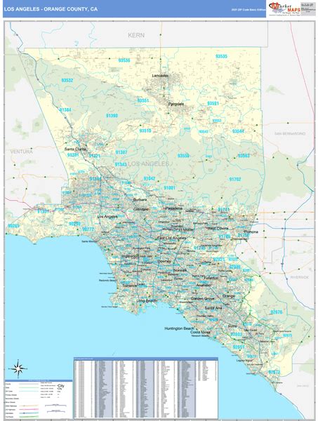 Los Angeles Orange County CA Zip Code Wall Map Basic Style By