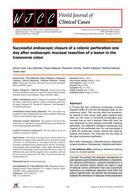 Pdf Successful Endoscopic Closure Of A Colonic Perforation One Day After Endoscopic Mucosal