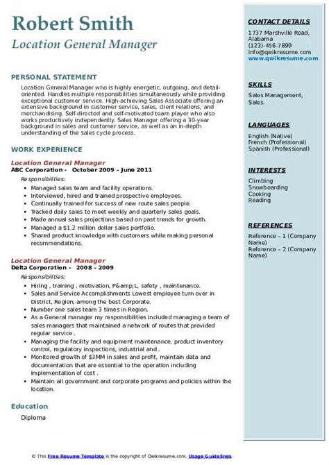 Location General Manager Resume Samples QwikResume