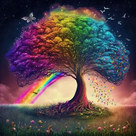 Ai Midjourney Illustration Of A Fantasy Tree In Rainbow Colors Stock