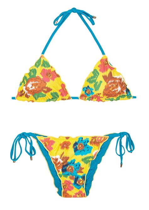 Reversible Floral Yellow Or Plain Blue Scrunch Bikini Melody Hypnose