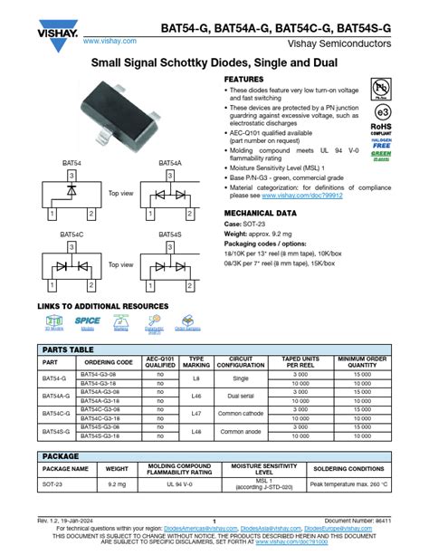 Bat S G Datasheet Surface Mount Schottky Diode