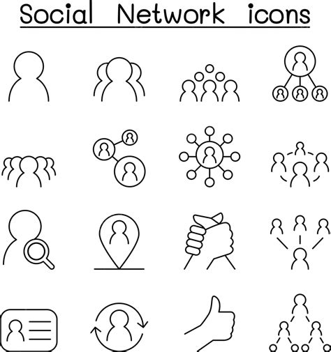 Thinline Style Social Network And Social Media Icon Collection Vector