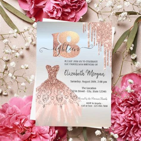 Rose Gold Drips Dress Silver Th Birthday Invitation Zazzle Rose