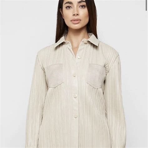 Maniere De Voir Beige Pleated Vegan Leather Shirt Depop