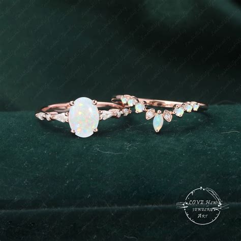 Vintage Natural Opal Wedding Ring Sets Oval Cut Engagement Ring Unique