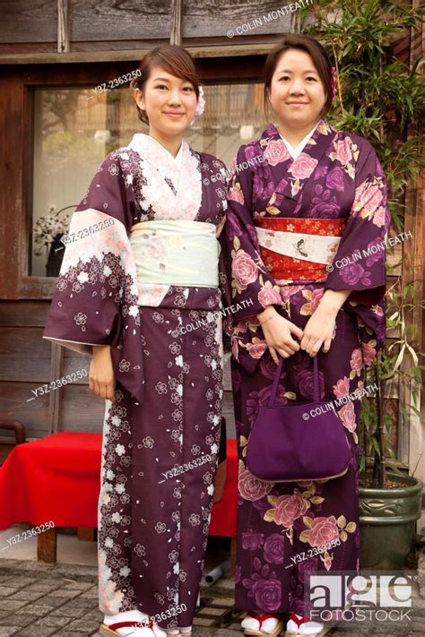 Women In Traditional Kimono Dress On Shopping Outing Magome Tokyo