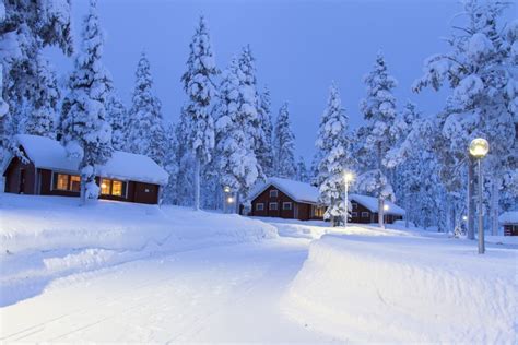 K Lapland Region Finland Houses Snow Spruce Street Lights Hd