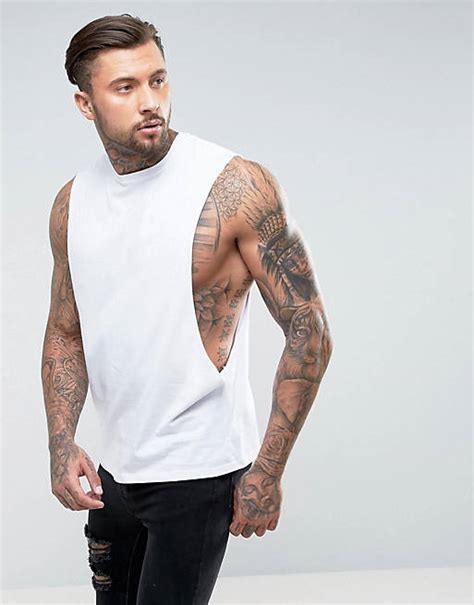 Asos Design Sleeveless T Shirt With Extreme Dropped Armhole In White Asos