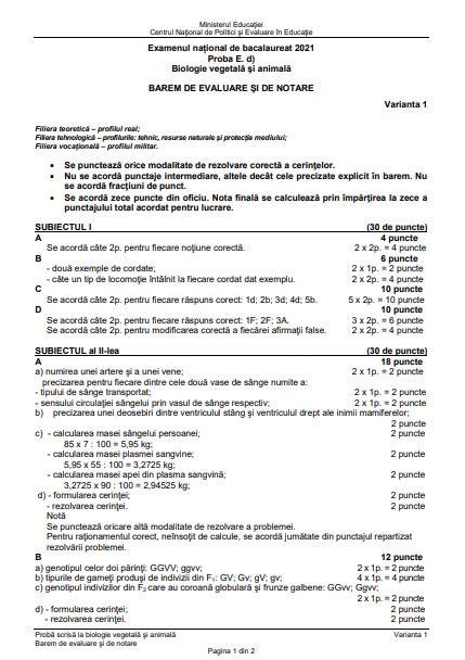 EDU RO barem Bac biologie 2021 Verifică dacă ai făcut corect