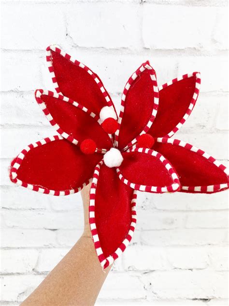 Red White Velvet Peppermint Edge Poinsettia Pick Kelea S Florals