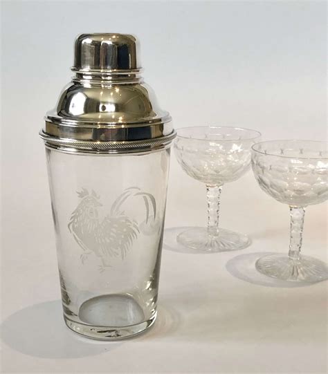 English Etched Glass Cockerel Cocktail Shaker In Antique Cocktail Shakers