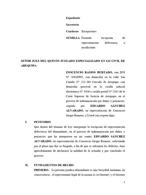 Modelo De Escrito Formulando Excepcion De Representacion Defectuosa O Insuficiente Del Demandado