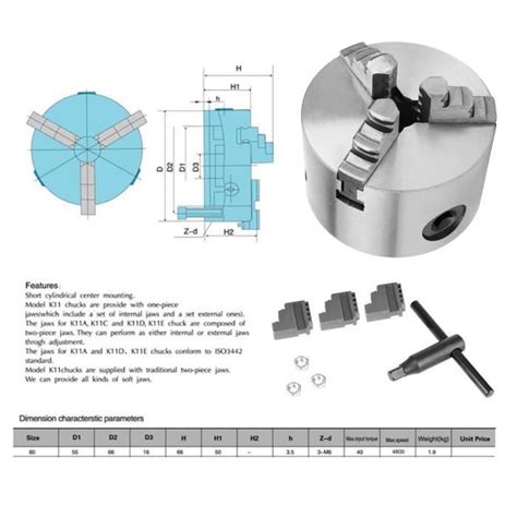 Mandrin de tour YOSOO K11 80 à 3 mors auto centrant en métal de 80 mm