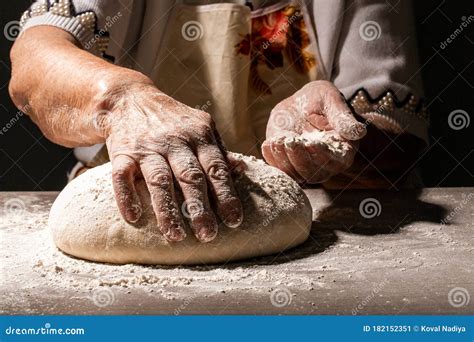 Preparing Traditional Homemade Bread Close Up View Of Old Woman